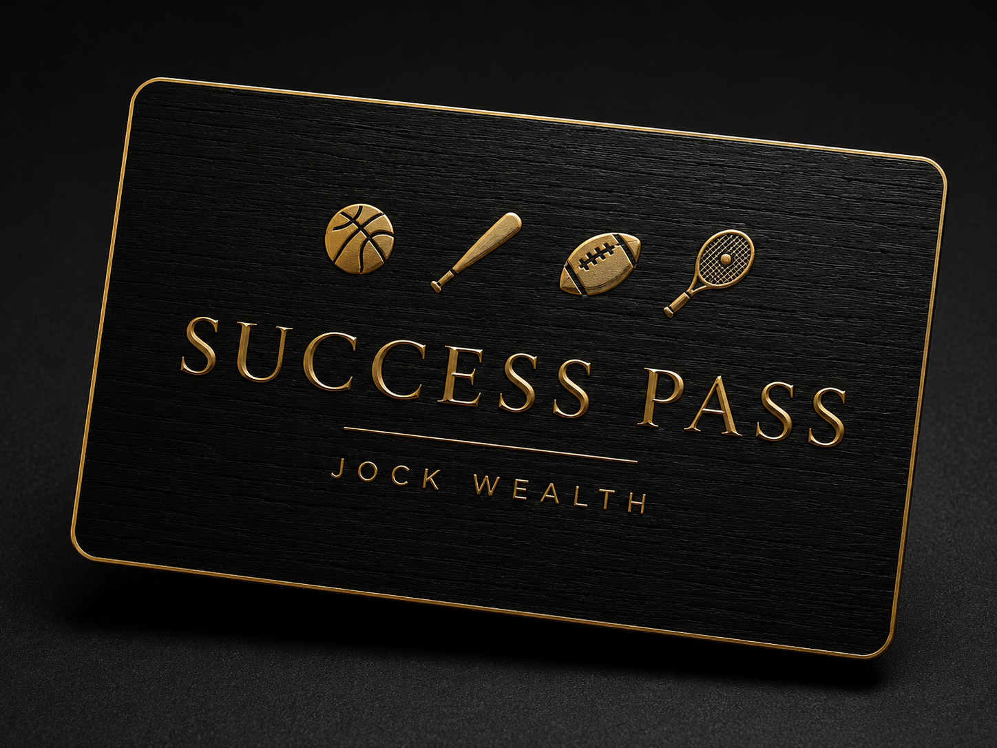 Jock Wealth Success Pass card: black wood-grain credential with a thin metallic-gold edge, gold basketball, baseball bat, football and tennis racket symbols above gold SUCCESS PASS and JOCK WEALTH lettering