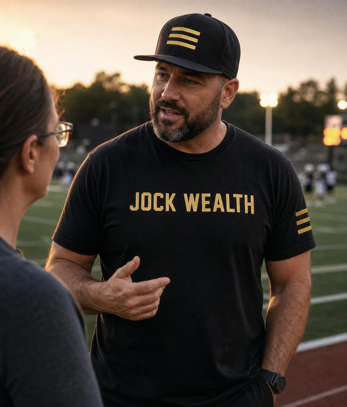 A coach in a black Jock Wealth Army t-shirt and gold-striped cap talking with a parent on the sideline