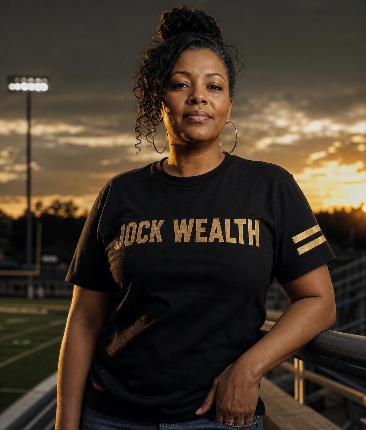 A mom in a black Jock Wealth Army t-shirt with gold lettering and gold sleeve stripes standing in the stadium bleachers