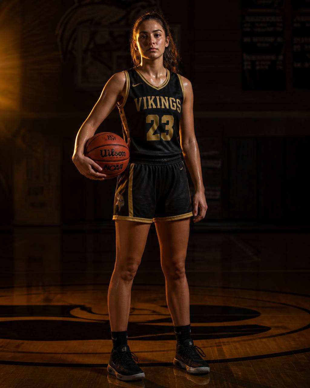 High school female basketball player standing on a court, prepared and focused