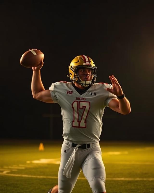 High school quarterback throwing a football under the lights