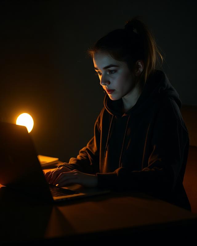 Teenage female athlete working on a laptop at night