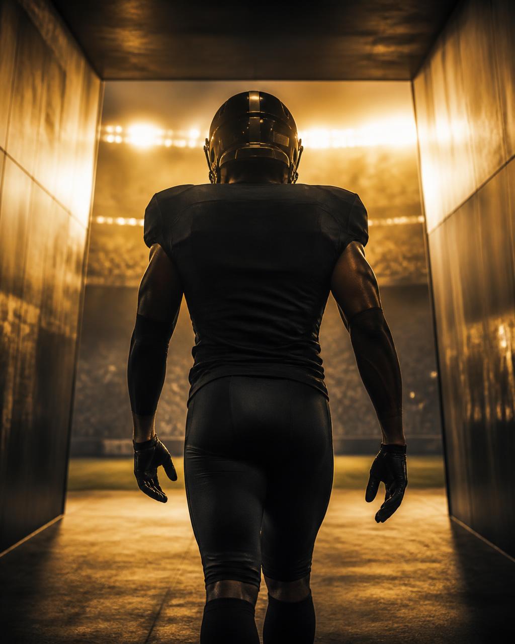 Professional football athlete walking through a stadium tunnel toward the field
