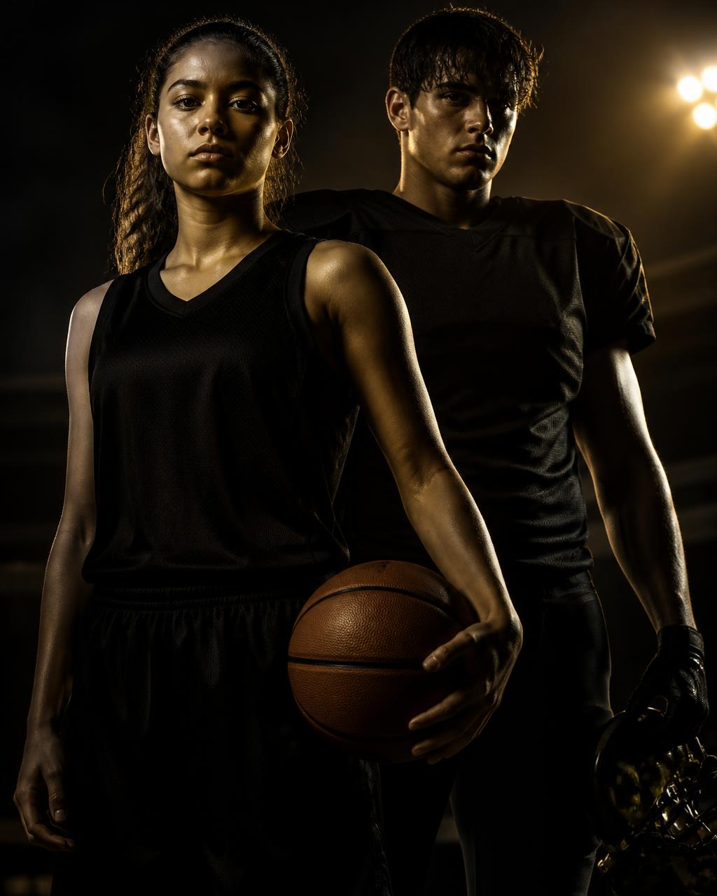High school female basketball player and male football player standing under arena lights